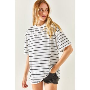 Olalook Women's White Striped 2 Thread Oversize Unisex T-Shirt