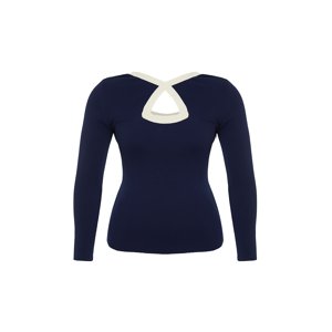 Trendyol Curve Navy Blue V-Neck Bodycone Ribbed Knitwear Blouse