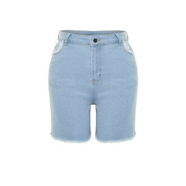 Trendyol Curve Light Blue Pocket and Hem Tassel Detail Mini Denim Shorts