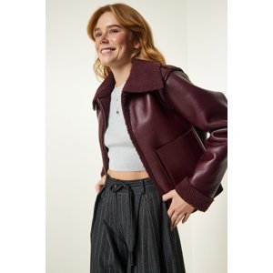Happiness İstanbul Women's Damson Fur Collar Wide Pocket Faux Leather Jacket