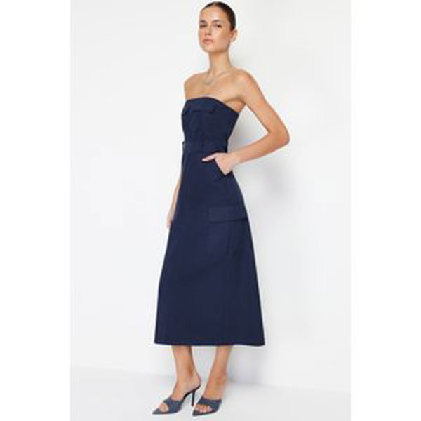 Trendyol Navy Blue Straight Cut Midi Strapless Pocket Detailed Gabardine Woven Dress