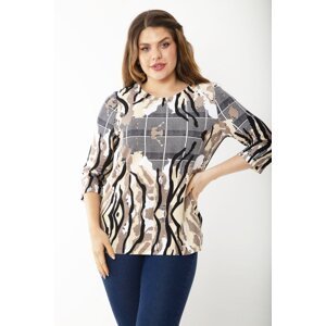Şans Women's Large Size Colored Cotton Fabric Capri Sleeve Front Patterned Blouse