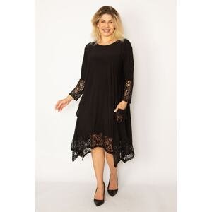 Şans Women's Plus Size Black Lace Detailed Long Sleeve Dress
