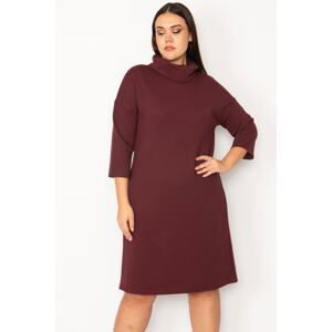 Şans Women's Plus Size Burgundy Depigmented Collar Capri Sleeve Dress