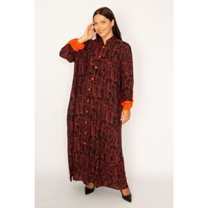 Şans Women's Plus Size Orange Front Length Long Dress with Buttons, a Comfortable Cut
