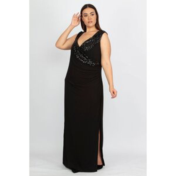 Şans Women's Plus Size Black Sequin Detail Wrapped Evening Dress