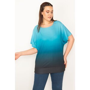 Şans Women's Plus Size Turquoise Tie-Dye Patterned Low Sleeve Blouse with Skirt Tip Band