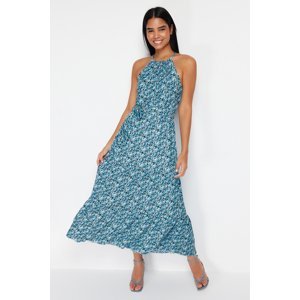 Trendyol Blue Floral Skater/Water Open Weightlifting Neck Ribbed Elastic Knitted Maxi Dress