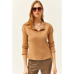 Olalook Women's Camel Buttoned Ragged Loose Sweater