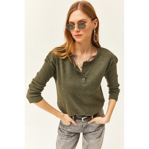 Olalook Women's Khaki Buttoned Loose Loose Sweater