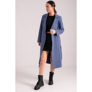 armonika Women's Dark Blue Double Breasted Collar Waist Belted Long Trench Coat