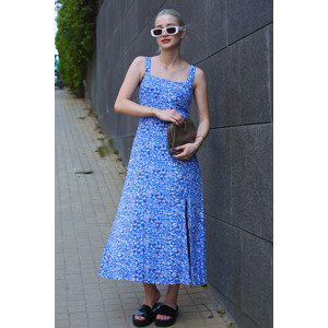 Madmext Blue Patterned Slit Long Dress