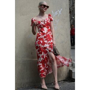 Madmext Red Patterned Slit Long Dress