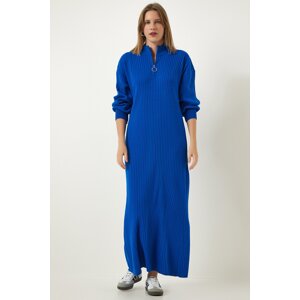 Happiness İstanbul Women's Blue Zipper Collar Ribbed Long Knitwear Dress