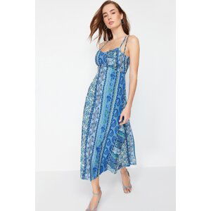 Trendyol Blue Patterned Strappy A-line/Bell Form Midi Lined Woven Dress