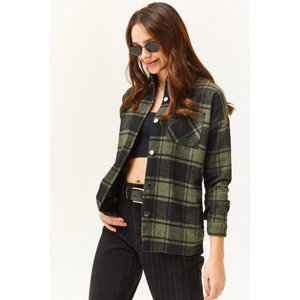 Olalook Women's Khaki Black Single Pocket Thick Plaid Lumberjack Shirt