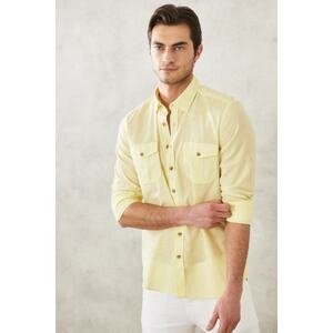 ALTINYILDIZ CLASSICS Men's Yellow Slim Fit Narrow Cut Button Collar 100% Cotton Flared Shirt