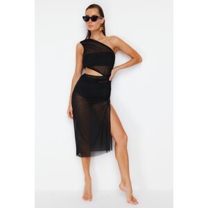 Trendyol Black Fitted Maxi Knitted Cut Out/Window Mesh One-Shoulder Beach Dress