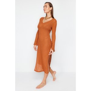 Trendyol Brown Fitted Maxi Knitted Slit Beach Dress