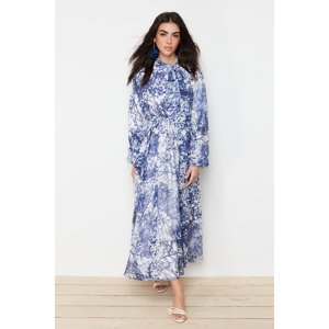 Trendyol Blue Floral Pattern Lined Long Chiffon Evening Dress