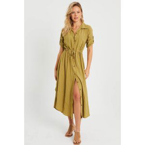 Cool & Sexy Women's Midi Shirt Dress Khaki Q984