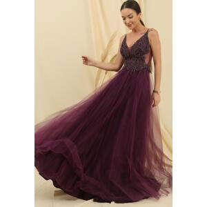 By Saygı Rope Strap Guipure Bead Detailed Lined Long Tulle Dress