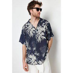 Trendyol Men's Navy Blue Oversize Fit Leaf Printed Shirt