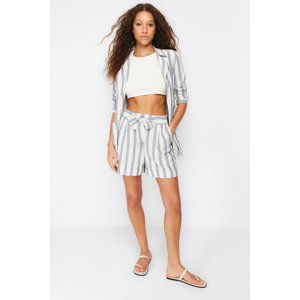 Trendyol Navy Blue Linen Content Belted Striped Woven Shorts