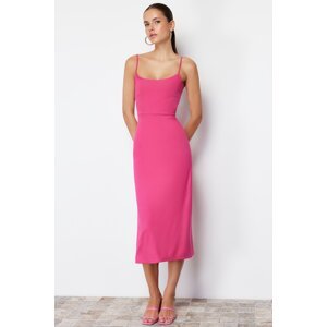Trendyol Fuchsia Cut Out Detailed Slit Body Fitted Strap Midi Flexible Knitted Pencil Dress