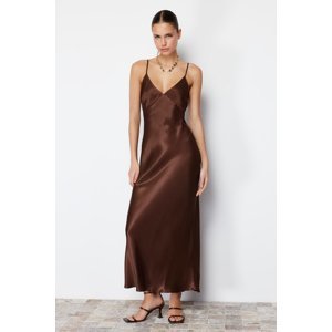 Trendyol Brown Straight Cut Satin Strappy Maxi Woven Dress