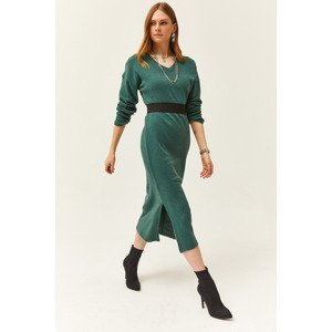 Olalook Women's Green V Case Side Slit Thick Ribbed Dress