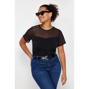 Trendyol Curve Black Heart Collar Mesh Detailed Knitted Blouse