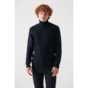Avva Men's Navy Blue Full Turtleneck Front Textured Cotton Standard Fit Regular Cut Knitwear Sweater