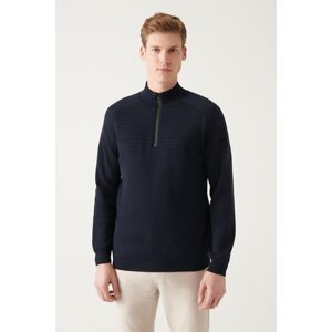Avva Men's Navy Blue Half Zipper High Neck Knit Detail Cotton Regular Fit Knitwear Sweater
