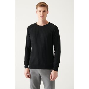 Avva Men's Black Crew Neck Jacquard Slim Fit Slim Fit Knitwear Sweater