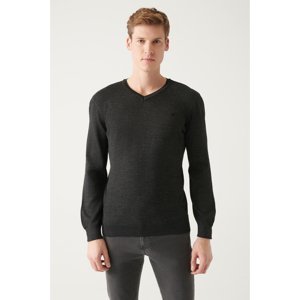 Avva Men's Anthracite V Neck Wool Blended Regular Fit Knitwear Sweater