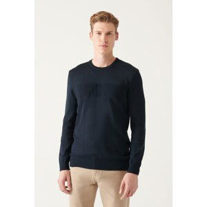 Avva Men's Navy Blue Crew Neck Text Motto Cotton Standard Fit Normal Cut Knitwear Sweater