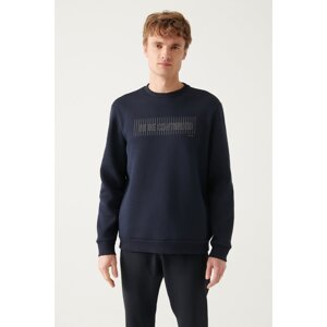 Avva Men's Navy Blue Crew Neck 3 Thread Fleece Inside Printed Standard Fit Regular Cut Sweatshirt