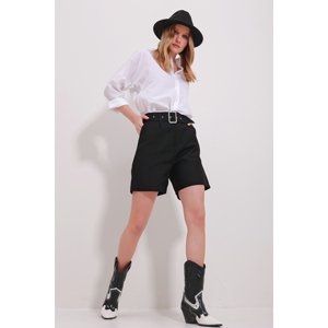 Trend Alaçatı Stili Women's Black Double Pocket Waist Belted Gabardine Shorts