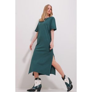 Trend Alaçatı Stili Women's Green Crew Neck Double Sleeve Slit Dress