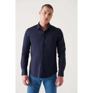 Avva Men's Navy Blue 100% Cotton Satin Hidden Fly Slim Fit Slim Fit Shirt