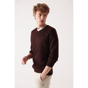 Avva Men's Burgundy V Neck Wool Blended Regular Fit Knitwear Sweater