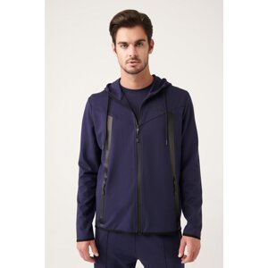 Avva Men's Navy Blue Interlock Fabric Hooded Collar Zipper Printed Regular Fit Sweatshirt
