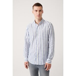 Avva Men's White-blue Striped Button-Up Collar Shirt