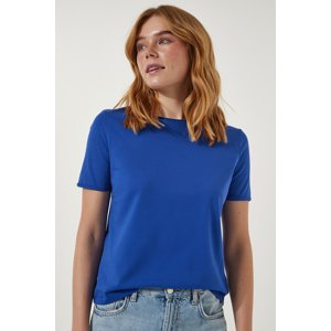 Happiness İstanbul Women's Blue Crew Neck Basic Knitted T-Shirt