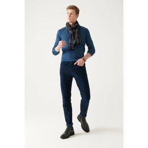 Avva Men's Navy Blue Dobby 5 Pocket Slim Fit Slim Fit Lycra Velvet Trousers