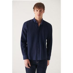 Avva Men's Navy Blue Seersucker Buttoned Collar Comfort Fit Relaxed Cut Shirt