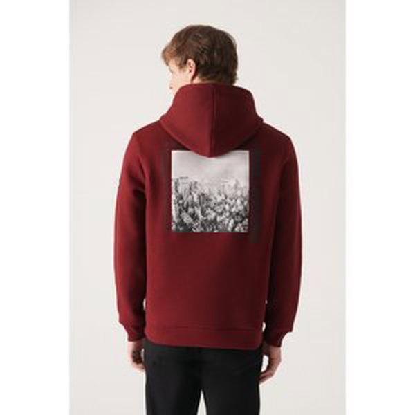 Avva Men's Burgundy Hooded Collar 3 Thread Back Printed Regular Fit Sweatshirt