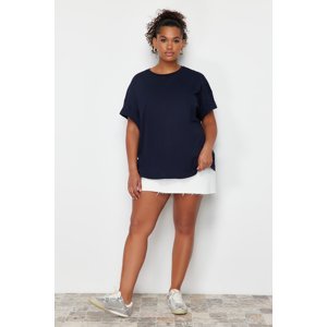 Trendyol Curve Navy Blue 100% Cotton Back Printed Relaxed/Wide Comfort Fit Crew Neck Knitted T-Shirt
