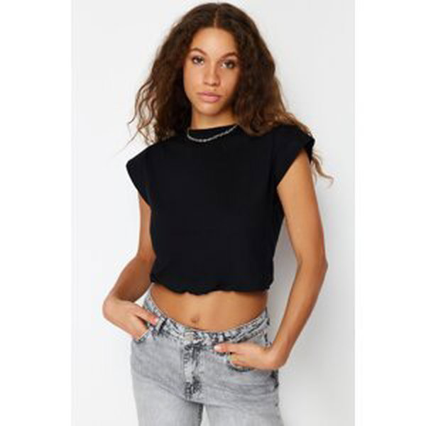 Trendyol Black 100% Cotton Stopper Moon Sleeve Crop Knitted T-Shirt